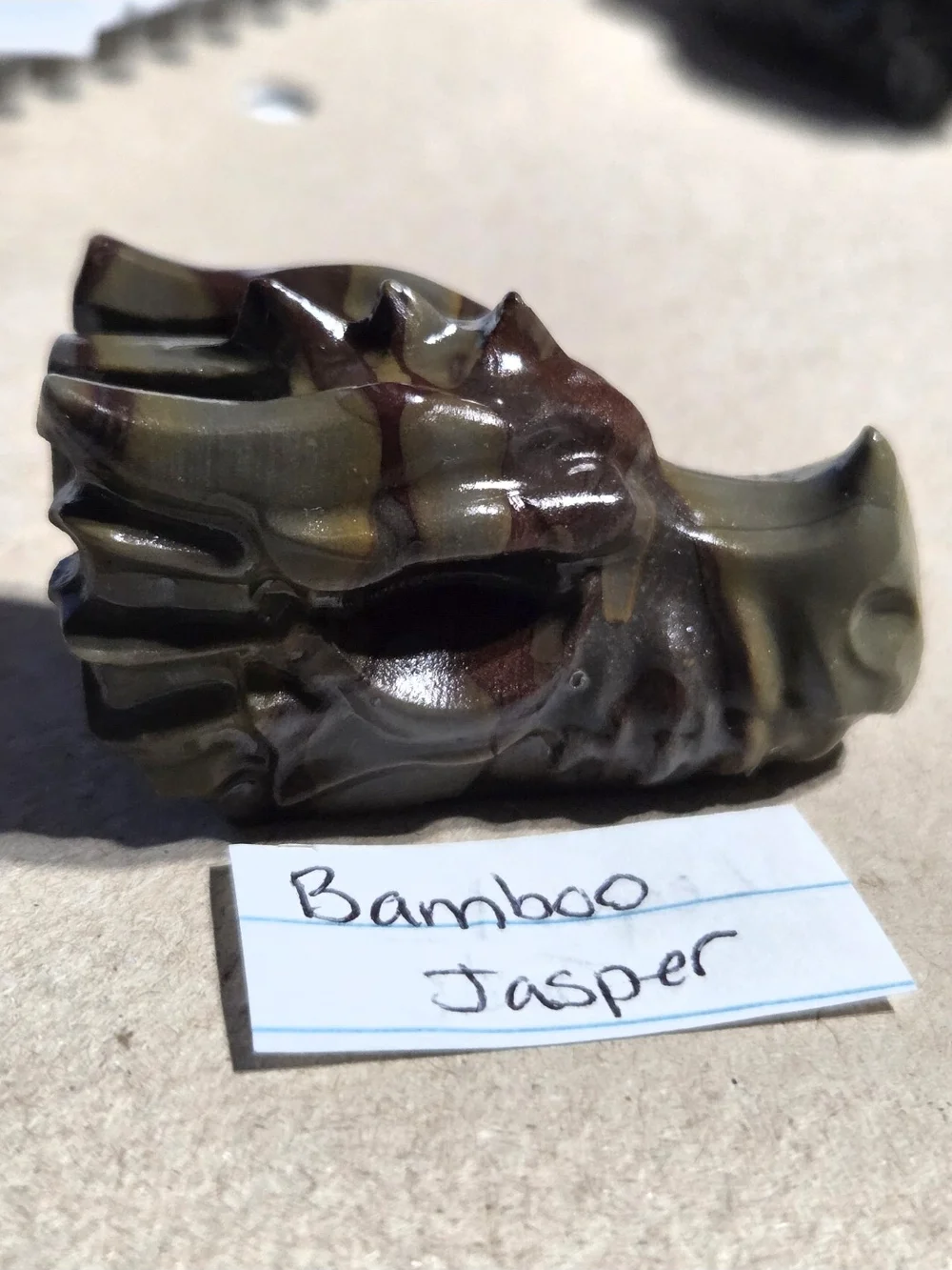 Detailed Bamboo Jasper Crystal Carved Dragon Head Stone Sculpture Decor